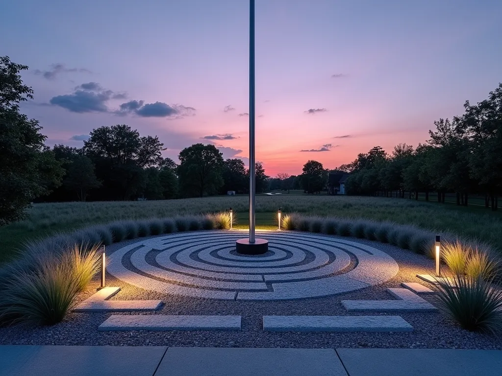 Modern Minimalist Flagpole Garden with Geometric Stone Pattern - A stunning dusk photograph of a modern minimalist flagpole garden, shot with a wide-angle lens. The focal point is a sleek, tall stainless steel flagpole rising from the center of a striking geometric pattern created with light gray and charcoal crushed stone. The pattern forms clean concentric circles radiating outward, broken by angular paths. Along the edges, carefully manicured rows of silver-blue Mexican Feather Grass sway gently, creating a subtle movement against the static stone design. Modern LED ground lighting casts dramatic shadows across the stone patterns, while the setting sun creates a purple-orange gradient in the sky behind the flagpole. Professional DSLR shot at f/8, ISO 100, capturing the perfect balance between natural and artificial lighting.