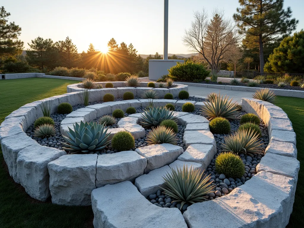 Modern Spiral Succulent Garden with Stone Features - Professional DSLR wide-angle photo of a modern spiral garden design featuring polished river rocks in varying shades of grey and white, arranged in an elegant spiral pattern. Architectural succulents including Echeveria, Agave, and Sempervivum are strategically placed throughout the spiral, creating a striking contrast against the stones. The garden is captured during golden hour, with warm sunlight casting subtle shadows across the stone surfaces, highlighting the textures of both rocks and plants. The contemporary design is set against a clean, minimalist backdrop, with a sleek silver flagpole rising in the background. Shot at f/8 for optimal depth of field, showcasing the intricate details of both succulents and stones.