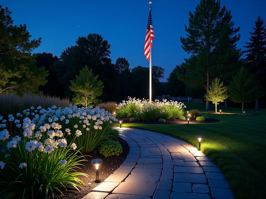 Moonlit Flagpole Garden Illumination - A serene nighttime garden scene captured with a wide-angle lens, featuring a majestic illuminated flagpole as the centerpiece. Soft LED ground lights create a magical glow, casting gentle shadows across a circular garden bed. Pure white moon flowers and evening primrose bloom ethereally in the moonlight, their petals seemingly luminescent against the dark backdrop. Strategic uplighting highlights the American flag while creating depth in the landscaping. The foreground showcases a winding stone path dotted with small solar lights, leading to the flagpole. Ornamental grasses sway gently in the evening breeze, their silvery plumes catching the light. Shot at blue hour with long exposure, creating a dreamy atmosphere with stars visible in the deep blue sky. Professional photo captured with a 16-35mm lens at f/2.8, ISO 400, emphasizing the interplay of natural and artificial light.