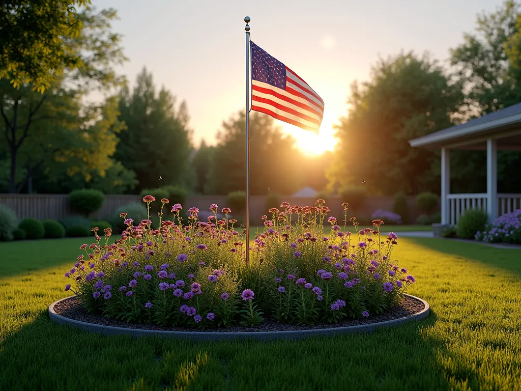 Native Wildflower Meadow Flagpole Garden - A serene dusk scene of a tall, elegant flagpole rising from the center of a lush native wildflower meadow in a residential backyard. The meadow features a vibrant mix of purple coneflowers, black-eyed susans, and native butterflyweed in full bloom, with delicate butterflies and bees hovering among the flowers. Golden hour sunlight casts long shadows across the naturalistic garden, while the American flag gently waves in the evening breeze. The circular meadow garden extends 10 feet from the flagpole base, with meandering mulched pathways allowing access. The composition is captured in a wide-angle perspective showing the integration with the surrounding lawn, creating a stunning focal point in the landscape. Photorealistic, high detail, soft lighting.