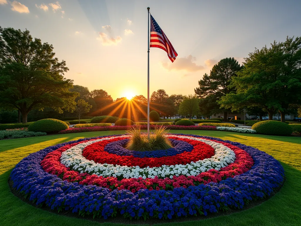 Patriotic Concentric Garden Circles - A stunning flagpole garden captured during golden hour, featuring concentric circles of vibrant red salvia, pure white petunias, and deep blue lobelia radiating outward from a stately central flagpole. The American flag gently waves in the evening breeze, casting subtle shadows across the meticulously designed flower rings. The wide-angle perspective showcases the complete circular pattern while capturing the grand scale of the flagpole against a warm sunset sky. The garden's rich colors pop against a manicured lawn backdrop, with the flowers creating a living American tribute. Professional DSLR photo with perfect exposure highlighting the intricate color blocking pattern and natural garden textures. f/8, ISO 100, 1/125 sec, golden hour lighting.