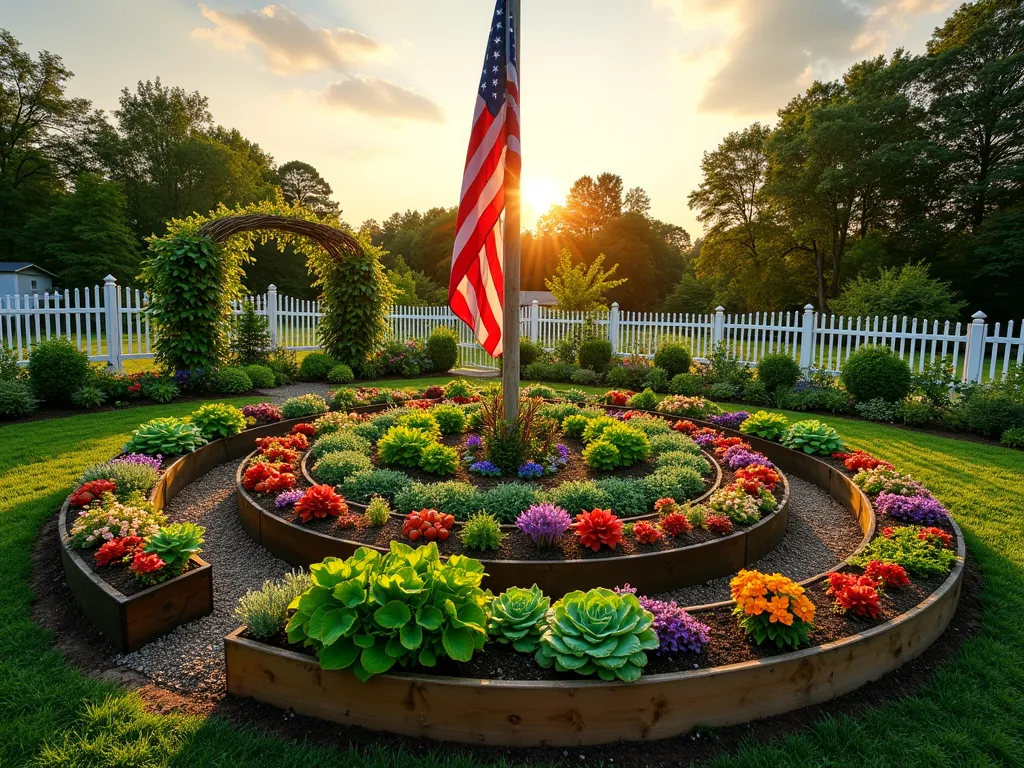 Patriotic Victory Garden with Flagpole Centerpiece - A golden-hour photograph of a meticulously planned victory garden surrounding a majestic flagpole, captured with a wide-angle lens. Raised garden beds radiate in concentric circles around the central flagpole, creating an attractive spiral pattern. The beds burst with colorful vegetables including ruby-red tomatoes, emerald lettuce heads, and purple cabbage, interspersed with flowering herbs like lavender and sage. Bright marigolds, zinnias, and nasturtiums add splashes of orange, yellow, and red throughout. Traditional white picket fencing frames the garden, while a rustic wooden arch covered in climbing beans marks the entrance. The American flag gently waves in the evening breeze, casting subtle shadows across the productive garden space. The composition emphasizes both the ornamental beauty and practical functionality of the victory garden design, photographed at f/8 for optimal depth of field, highlighting every detail from the closest herbs to the distant flag.