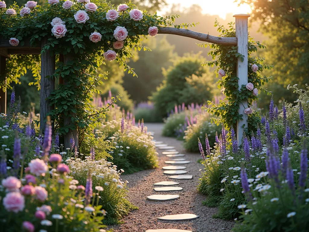 Romantic Cottage Garden with Flagpole - A dreamy cottage garden at golden hour, photographed with a wide-angle lens, featuring a classic white flagpole as the centerpiece. Surrounding the flagpole is a lush, overflowing garden with climbing roses in soft pink and white cascading over a weathered wooden arbor. The foreground showcases a meandering gravel path bordered by abundant English lavender, purple delphinium spires, and billowing pink peonies. Clusters of white daisies, purple coneflowers, and Russian sage create layers of texture. The climbing vines of clematis in deep purple wrap around the flagpole's base, while cottage-style perennials like foxgloves and hollyhocks provide vertical interest. Natural stone stepping stones weave through the garden, with soft evening sunlight filtering through the foliage, creating a romantic, enchanted atmosphere. The garden appears deliberately untamed, with plants spilling onto pathways and intermingling naturally. Shot at f/8 to capture the rich detail and depth of the layered planting design.