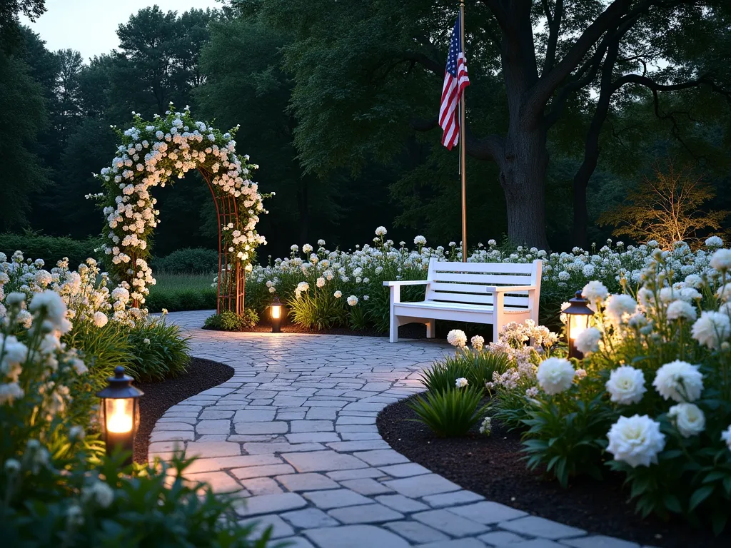 Serene Memorial Garden with White Roses - A tranquil memorial garden at dusk, illuminated by soft garden lights. A curved flagstone path leads to an intimate seating area with a white painted wooden bench. Surrounding the space are pristine white roses, delphiniums, and lilies in full bloom. A small polished granite memorial stone rests among the flowers. In the background, a tasteful flagpole flies the American flag at half-mast, while climbing white clematis adorns a decorative trellis. Garden lanterns cast a warm, peaceful glow across the scene, creating dramatic shadows and highlighting the pure white blooms. The composition is captured in a wide-angle view that shows the harmonious balance between the structured elements and the natural garden setting.