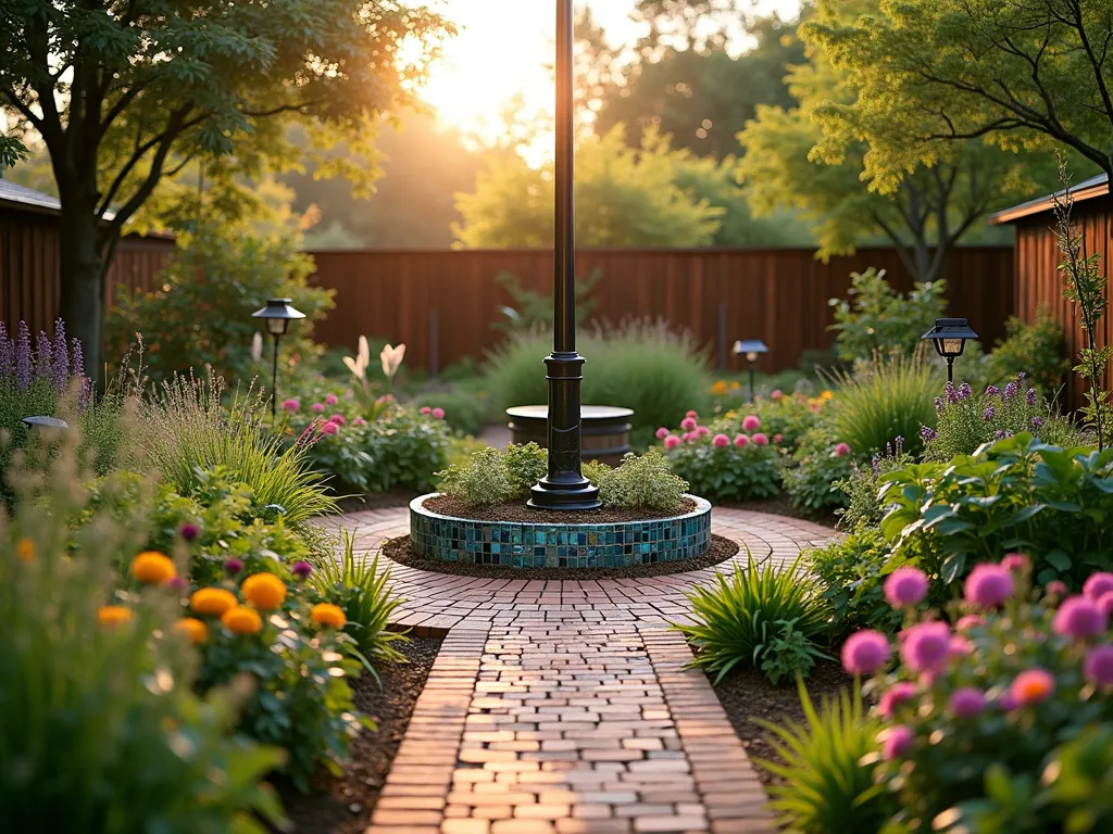 Sustainable Garden with Flagpole Centerpiece - A serene wide-angle shot of a sustainable garden at golden hour, centered around a classic flagpole. Native wildflowers and drought-resistant plants create colorful beds in circular patterns around the flagpole. Visible recycled wood raised beds contain thriving vegetables, while rain barrels decorated with natural moss collect water from copper gutters. A rustic recycled brick pathway winds through the garden, leading to a charming butterfly garden with native flowering plants. Solar-powered garden lights illuminate the flagpole base, where recycled glass mosaic tiles create a stunning natural pattern. Wooden compost bins blend seamlessly into the background, partially hidden by tall native grasses. Bird feeders and bee hotels hang from shepherd's hooks, while a small solar-powered fountain provides a water source for wildlife. The scene is captured with perfect depth of field, showing the interplay of sustainable elements and natural beauty.