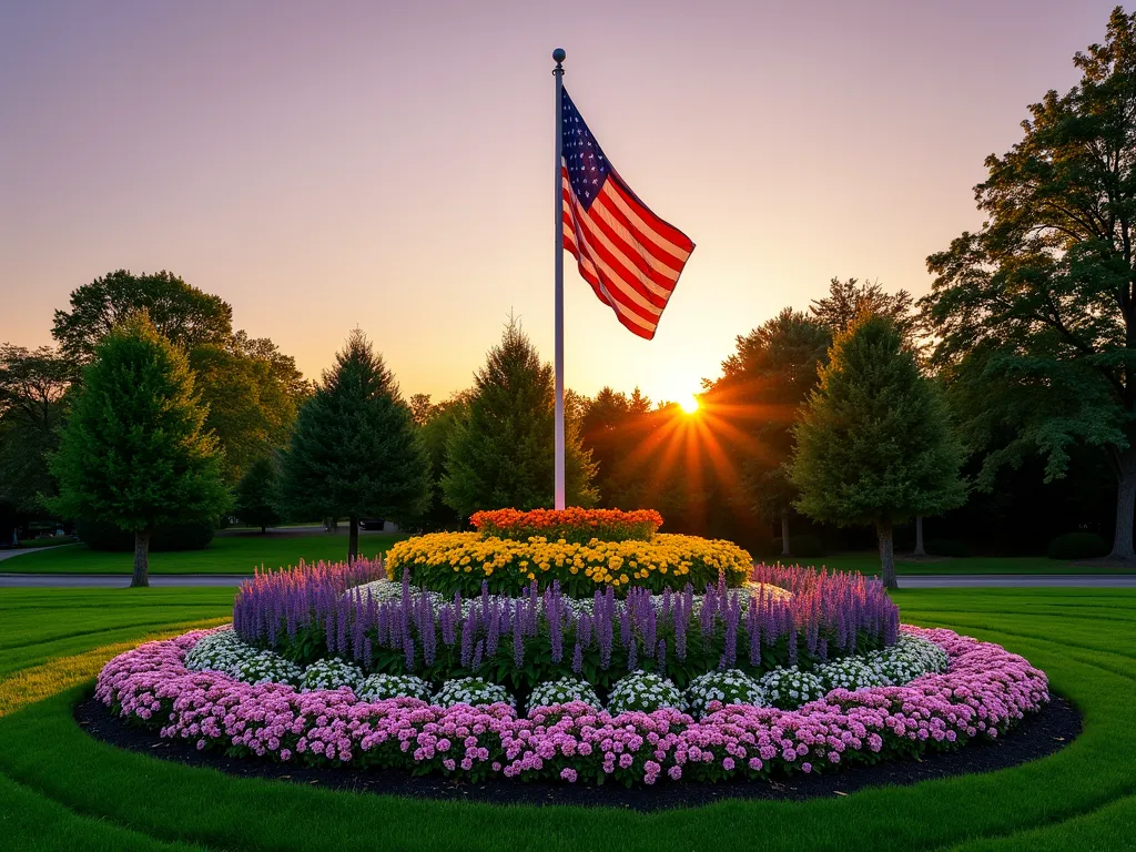 Tiered Circular Flagpole Garden at Sunset - A stunning DSLR photograph of a majestic residential flagpole garden at golden hour, featuring a perfectly circular tiered perennial garden bed. The garden displays three concentric rings of flowers: outer ring of blooming pink and white creeping phlox creating a carpet-like border, middle ring of vibrant yellow black-eyed susans in full bloom, and an inner ring of tall purple coneflowers swaying gently around the flagpole base. The American flag catches the warm evening light as it gently waves against a soft purple-orange sky. Natural stone edging defines the circular bed, while strategic landscape lighting highlights the layered garden design. Shot from a 45-degree angle to showcase the dimensional tiered effect, with the flagpole as a dramatic focal point. Photographic style emphasizes depth and texture, with pristine lawn surrounding the display.