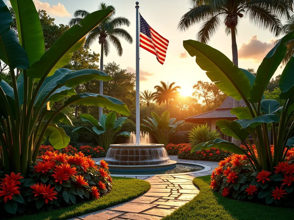 Lush Tropical Flagpole Garden Paradise - A stunning backyard garden scene at golden hour, captured with a wide-angle lens showing a majestic white flagpole surrounded by a lush tropical paradise. Towering elephant ears with massive deep green leaves create dramatic shadows, while vibrant red and orange cannas bloom in clusters. Ornamental banana trees with broad leaves frame the composition, their foliage catching the warm evening light. A curved pathway of natural stone leads to the flagpole's base, where colorful hibiscus and bird of paradise flowers add bursts of exotic color. A small cascading water feature adds a resort-like ambiance, with mist catching the golden sunlight. Shot at f/2.8 with dreamy bokeh effect in the background, creating depth and atmosphere. The American flag gently waves in the breeze against a warm sunset sky.