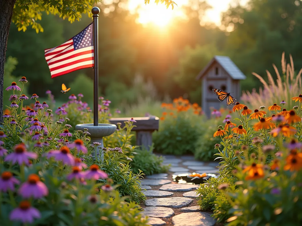 Vibrant Wildlife Haven Around Flagpole - A serene backyard garden scene at golden hour, centered around a classic flagpole. Native wildflowers like purple coneflowers, black-eyed susans, and butterfly milkweed create a vibrant meadow effect. A decorative bird bath sits amid the flowers, with hummingbirds and butterflies hovering nearby. Natural stone pathway winds through the garden, leading to a rustic wooden insect hotel. Small pond with water lilies reflects the evening light. Tall ornamental grasses provide movement and shelter. Close-up perspective captures a monarch butterfly landing on a coneflower, with the flagpole standing proudly in the soft-focused background. The garden features layers of height and texture, with berry-producing shrubs and native perennials creating a rich ecosystem. Photorealistic, warm lighting, natural setting, 4K quality.