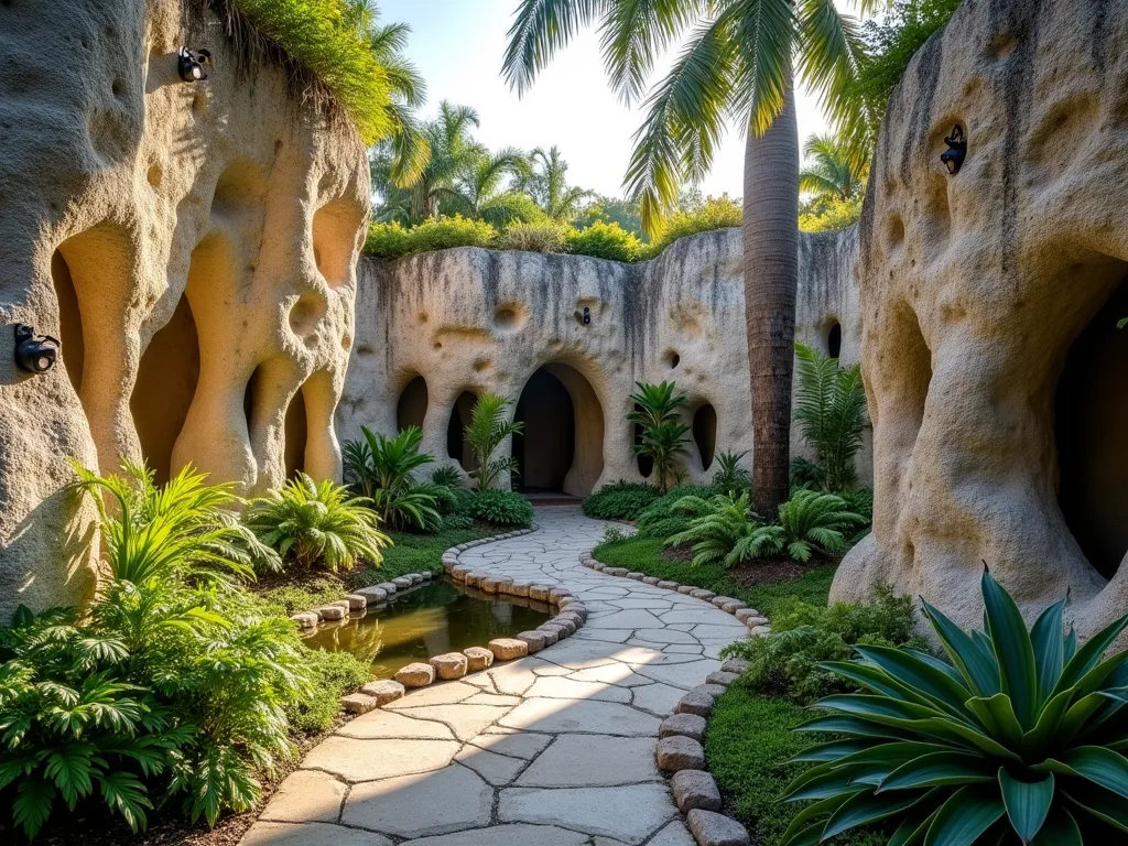 Enchanting Florida Coral Cave Garden - A professionally photographed DSLR wide-angle shot of a stunning Florida garden featuring dramatic coral rock formations with natural hollows and caves, bathed in late afternoon golden sunlight. The weathered coral rocks, ranging from 3-5 feet tall, create a naturalistic grotto effect with cascading ferns, bird's nest ferns, and delicate orchids emerging from the pockets and crevices. The rocks display their characteristic honeycomb texture, with varying shades of cream and soft gray. Small pools of collected rainwater reflect the surrounding tropical foliage, while shade-tolerant bromeliads add pops of color among the rocks. The composition shows a winding path leading through the formation, with strategic landscape lighting fixtures partially visible, suggesting magical evening ambiance. The background features tall palm trees providing dappled shade, creating a seamless blend of hardscape and tropical vegetation.