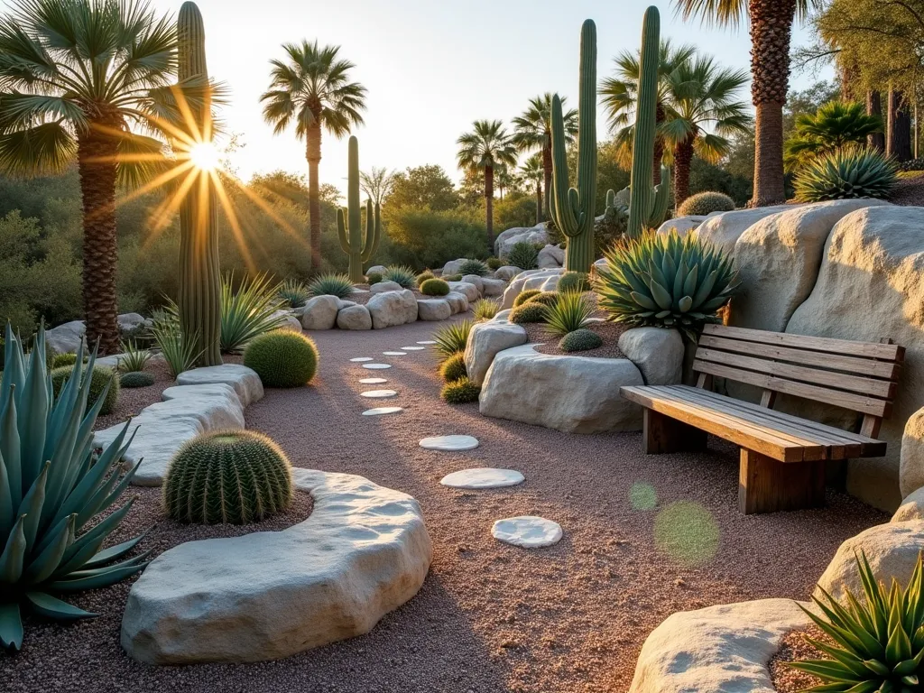 Desert Oasis Rock Garden - A stunning wide-angle photograph of a Florida-style rock garden at golden hour, featuring multiple levels of weathered limestone outcroppings creating natural terraces. Various barrel cacti, blue agave, and golden barrel succulents emerge from between smooth river rocks and angular boulders. The garden showcases a harmonious blend of drought-resistant plants in different heights and textures, with tall Saguaro cacti as focal points. Small patches of decorative gravel in warm earth tones define pathways through the garden. Low-angle sunlight casts dramatic shadows across the rocks, highlighting their natural textures. The composition includes a rustic wooden bench nestled among the rocks, providing a peaceful viewing spot. The background features tropical palm trees, creating a unique fusion of desert and Florida landscapes.