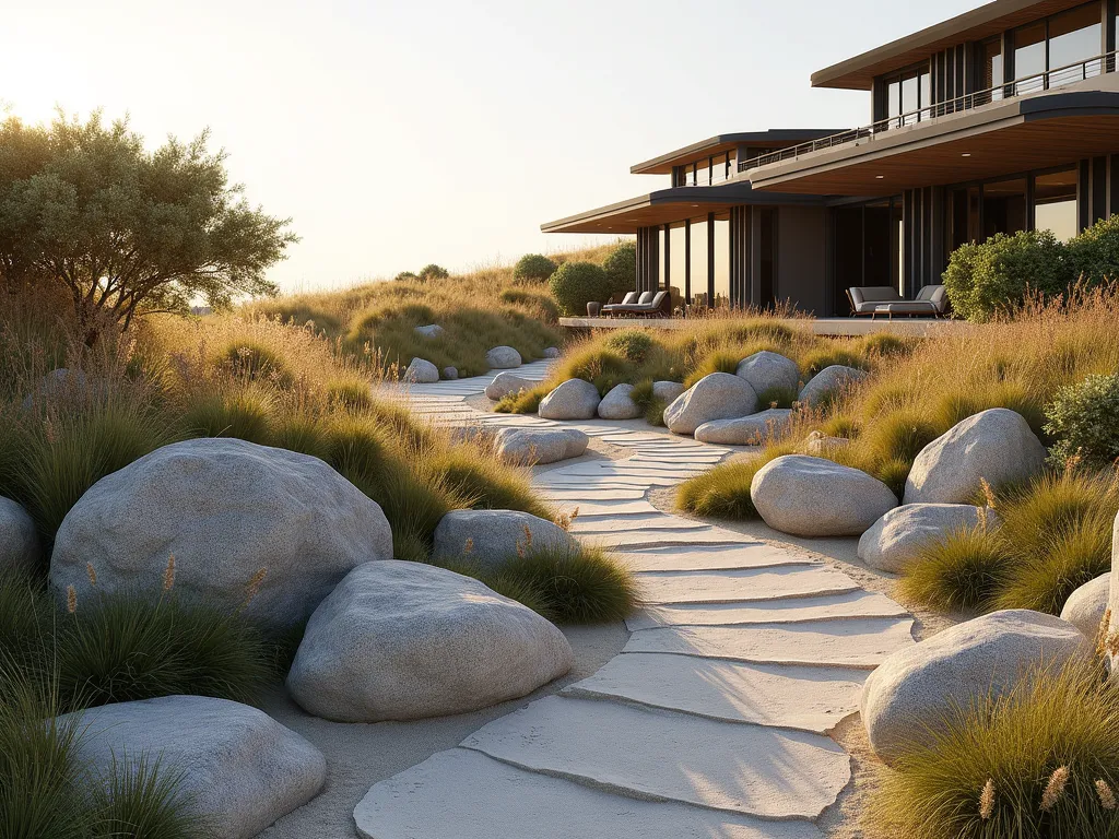 Florida Coastal Dune Garden - A serene front yard landscape at golden hour, featuring a naturally flowing coastal dune garden design. Large weather-worn limestone and coral rocks in sandy beige tones are artfully arranged among sweeping clusters of silvery sea oats and wispy coastal grasses. The rocks graduate in size, creating organic levels that mimic natural dune formations. Soft evening light casts long shadows across the textured surface, while the grasses sway gently in the breeze. A winding shell-lined pathway leads through the garden, bordered by native dune sunflowers and beach morning glories. The composition is captured in a wide-angle perspective, showing how the dune garden creates a harmonious transition from a modern coastal home to the natural landscape, photorealistic style, high detail, soft natural lighting.