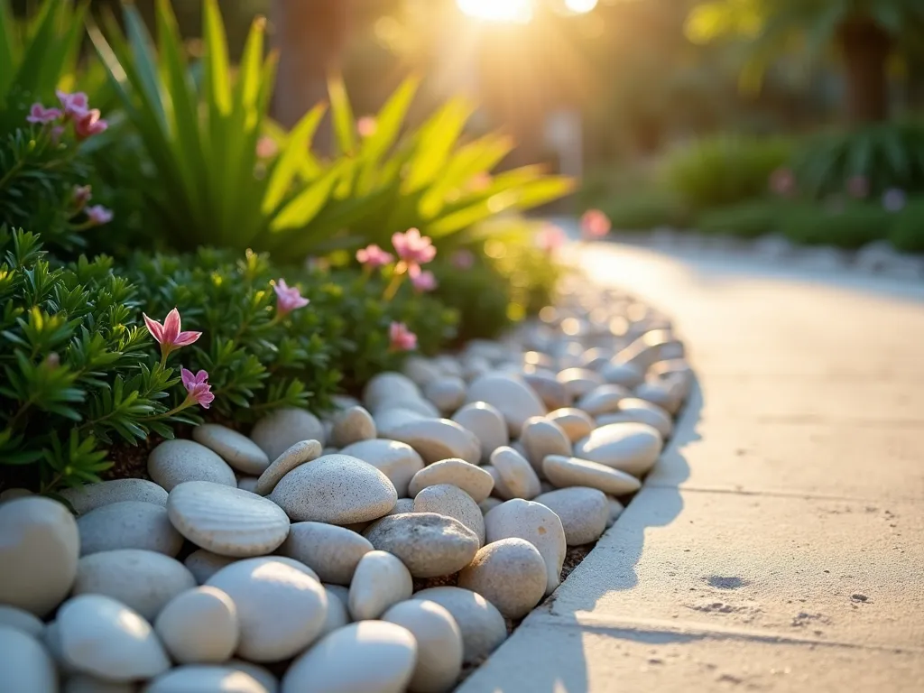 Florida Coastal Shell and Rock Garden Border - Close-up perspective of an elegant curved garden border at golden hour, featuring a harmonious blend of white seashells and smooth river rocks in varying sizes. The border gracefully separates a lush tropical garden bed filled with small palm fronds and flowering plants from a pristine pathway. Natural sunlight casts warm shadows across the textured surface of the shells and stones, while dewdrops create subtle sparkles. Shot with a shallow depth of field that captures the intricate details of the shells and rocks in the foreground while softly blurring the tropical foliage behind. Professional photography, high resolution, dramatic lighting, 16-35mm lens at f/2.8, ISO 400.