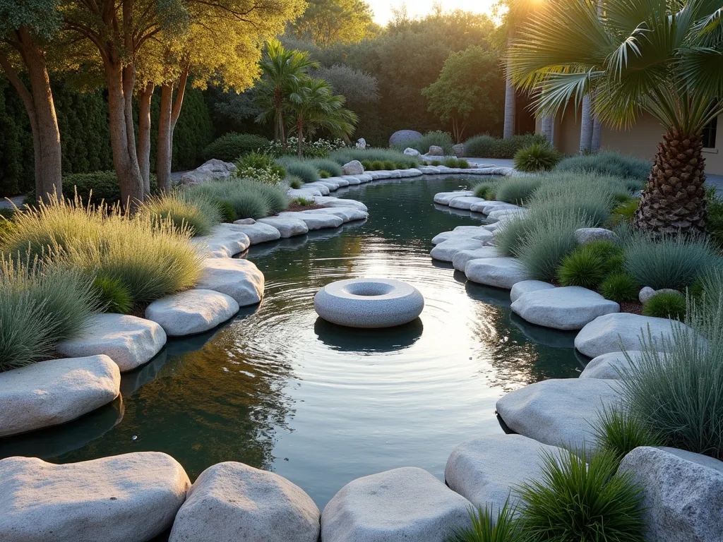 Florida Native Zen Garden Retreat - A serene Florida zen garden at golden hour, photographed with a wide-angle lens capturing a peaceful outdoor retreat. Smooth gray and white river rocks arranged in graceful, flowing patterns reminiscent of water ripples, intersected by clusters of native Florida muhly grass and silvery-green saw palmetto. A contemporary circular stone fountain serves as a focal point, its water creating gentle reflections in the warm evening light. Natural limestone boulders frame the space, while a small dramatic specimen of Sabal palm provides vertical interest. Filtered sunlight creates soft shadows across the rock patterns, highlighting their texture. Crystal-clear water droplets sparkle on the fountain's surface, captured with precise detail using professional DSLR settings. The composition suggests tranquility and meditation, with careful attention to balance and negative space.