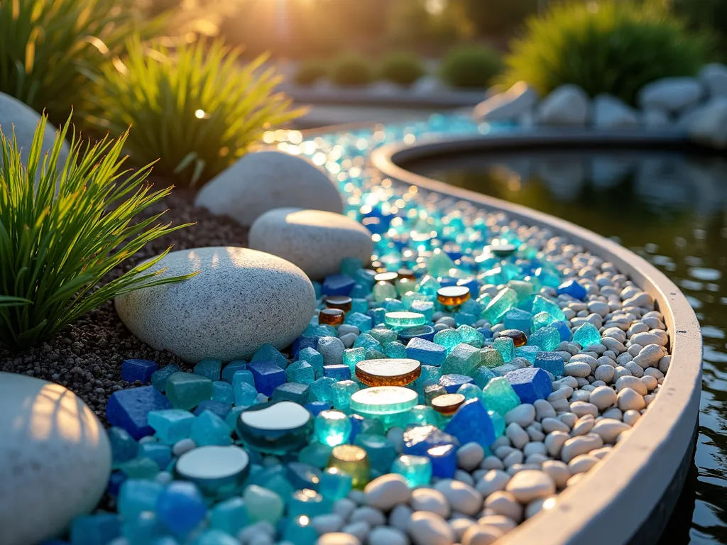 Modern Tropical Glass and Rock Garden - A close-up DSLR photo at golden hour of a modern Florida garden featuring smooth river rocks interspersed with chunks of cobalt blue, sea green, and amber recycled glass. Sunlight filters through the glass pieces, creating prismatic effects across the garden bed. Small clusters of tropical plants, including dwarf palm and silver buttonwood, emerge between the rocks and glass. A curved pathway made of crushed white coral rock weaves through the display, while a contemporary water feature with black volcanic rocks provides a striking backdrop. Shot with a wide-angle lens at f/8, capturing the interplay of light and shadow across the textured surface, with subtle lens flare highlighting the glass elements.