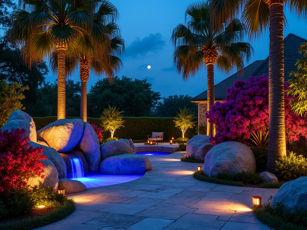 Illuminated Tropical Rock Garden at Twilight - A stunning twilight scene of a Florida rock garden with strategically placed LED uplighting illuminating large weathered limestone rocks and tropical plants. Dramatic shadows cast by palm fronds dance across the rocks while soft spotlights highlight vibrant red bromeliad clusters and cascading purple bougainvillea. Tall king palm silhouettes frame the wide-angle composition, with accent lighting revealing the textured surfaces of coral rock formations. Small copper path lights guide the way through the garden, while blue-tinted spotlights create a moonlit effect on a trickling water feature nestled among the rocks. The ambient lighting creates a magical, resort-like atmosphere in this meticulously designed backyard space. Photorealistic, high-end landscape photography, dramatic lighting, 8k resolution.