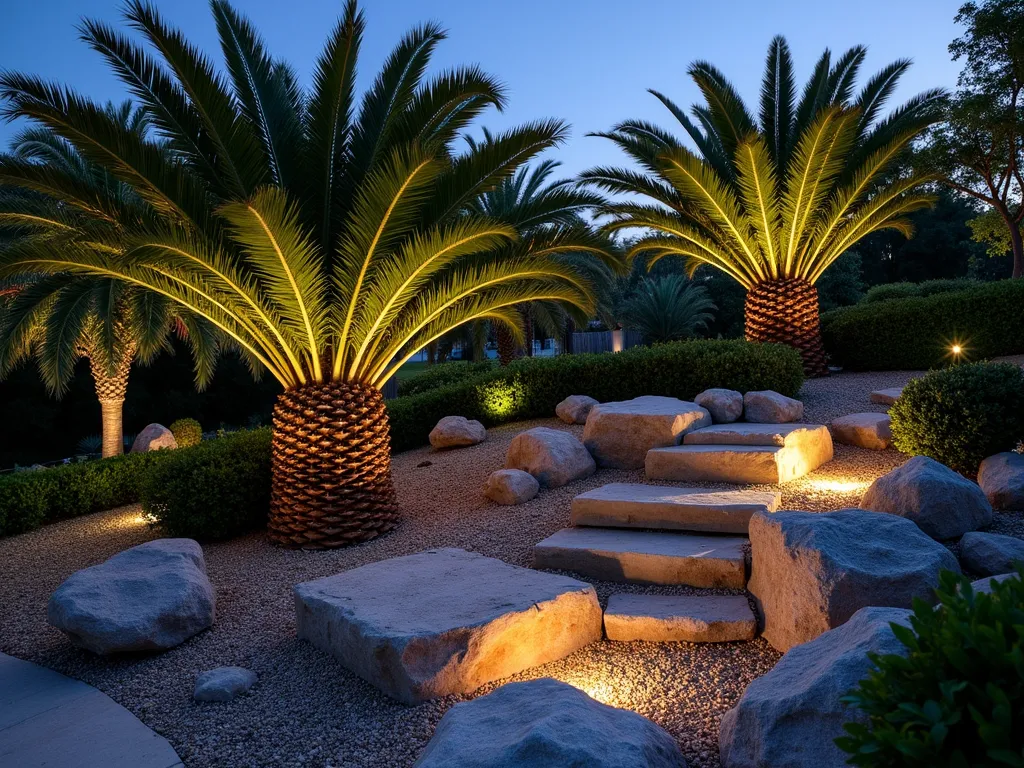 Prehistoric Cycad Rock Garden at Twilight - A dramatic twilight garden scene featuring ancient-looking Coontie cycads nestled among massive weathered limestone boulders in a Florida backyard. The cycads' deep green, palm-like fronds create striking silhouettes against the warm evening sky. Natural rock formations in varying sizes cascade down a gentle slope, with smaller river rocks and crushed coral filling the spaces between. Strategic landscape lighting casts ethereal shadows on the rocks while highlighting the sculptural forms of the cycads. Captured with a wide-angle perspective that shows the garden's integration into the broader landscape, with hints of tropical foliage in the background. Shot with shallow depth of field to emphasize the textural contrast between the smooth rocks and the detailed cycad fronds. Professional photograph with warm twilight lighting and dramatic shadows.