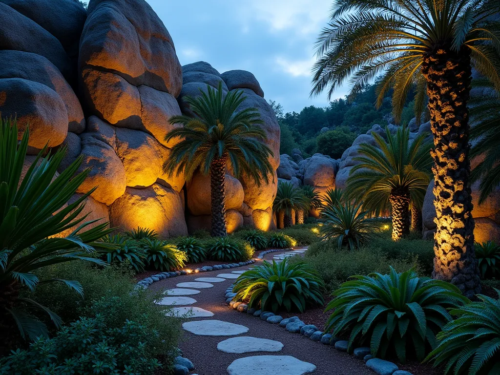 Jurassic-Inspired Florida Rock Garden - A dramatic twilight photograph of a lush prehistoric-themed rock garden, shot with a wide-angle 16-35mm lens at f/2.8, ISO 400. Massive, weathered limestone boulders emerge from beds of ancient-looking plants. Tall Zamia cycads with their prehistoric fronds stand prominently among clusters of giant leather ferns. Horsetail reed grows in dense patches, creating a misty, primordial atmosphere. Strategic landscape lighting casts mysterious shadows across the textured rocks, while illuminating the sculptural forms of the plants. A natural stone pathway winds through the garden, leading to a small meditation area surrounded by more cycads and ferns. The garden's design suggests a lost world frozen in time, with the golden hour light enhancing the tropical prehistoric ambiance.