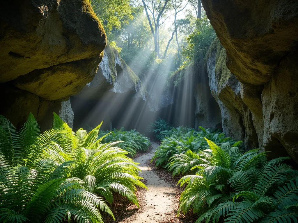 Shaded Florida Fern Rock Canyon - A serene DSLR wide-angle photograph of a natural Florida rock garden sanctuary, featuring towering limestone boulders arranged in a canyon-like formation, draped with cascading native sword ferns and royal ferns. Dappled afternoon sunlight filters through an overhead canopy, creating dramatic shadows across the weathered rock faces. The pathway winds between the moss-covered rocks, lined with clusters of delicate maidenhair ferns and resurrection ferns. The composition captures the cooling atmosphere with subtle mist, highlighting the lush tropical environment and the interplay between the rugged rocks and soft plant textures. Shot at f/8 for optimal depth, emphasizing both the detailed fern fronds in the foreground and the grand scale of the rock formation in the background.