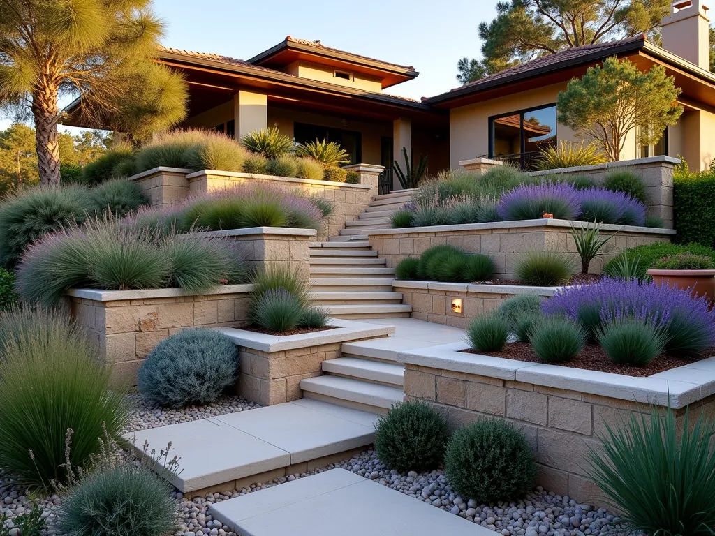 Tiered Mediterranean Rock Garden Terrace - A stunning terraced garden at golden hour, featuring natural limestone blocks creating three elegant levels against a modern Florida home. The terraces overflow with drought-resistant Mediterranean plants, including silvery-green rosemary cascading over the edges and clusters of purple lavender in full bloom. Terracotta pots accent the corners, while ornamental grasses sway in the breeze. Shot with a wide-angle lens at f/2.8, capturing the warm sunset light casting long shadows across the textured limestone, with the lowest terrace transitioning into a pebble-strewn pathway. Small uplights illuminate the architectural plants, creating a magical atmosphere as day transitions to dusk.