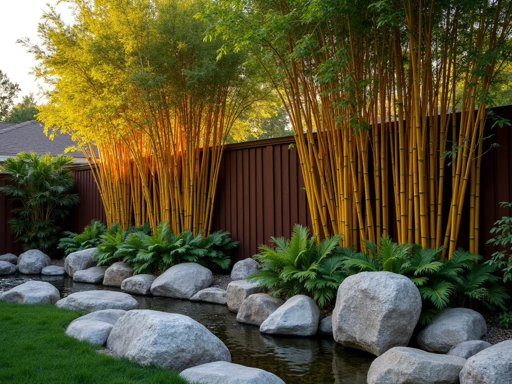 Tropical Bamboo Rock Border at Sunset - A serene backyard scene at golden hour, featuring a natural privacy screen created by tall clumping Alphonse Karr bamboo, rising 12-15 feet high against a warm sunset sky. Large, weathered granite boulders in varying sizes (2-4 feet) are artfully arranged along the base, with smaller river rocks creating a natural transition. The bamboo casts gentle shadows across the rocks, while tropical ferns nestle between the stones. Shot with a wide-angle perspective to capture the full height and length of the border, with soft natural lighting highlighting the golden stripes of the bamboo culms. The composition includes a subtle water feature trickling between the rocks, creating a peaceful atmosphere. Professional photography with deep depth of field showing rich textures of both bamboo and stone elements.