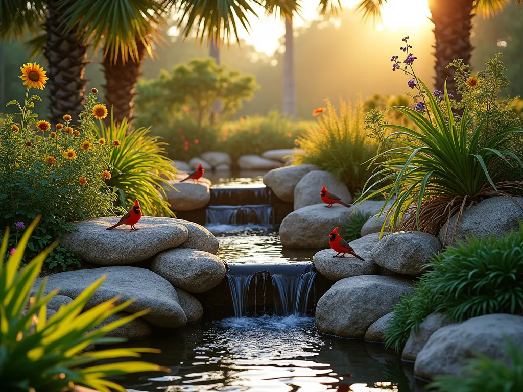 Tropical Bird Sanctuary Rock Garden - A stunning dawn scene of a lush Florida rock garden designed as a bird sanctuary, captured in warm morning light. Natural limestone rocks of varying sizes are artfully arranged in tiers, creating multiple levels and perches. A small cascading water feature flows between the rocks, catching golden sunlight. Native flowering plants like Firebush and Beach Sunflower emerge from between the rocks, while a Purple Beautyberry bush laden with berries provides food for birds. A pair of Northern Cardinals perch on the rocks near the water feature, surrounded by tropical ferns and ornamental grasses. The wide-angle composition shows the garden seamlessly integrated into a larger backyard landscape, with palm trees creating a naturalistic backdrop. The morning dew glistens on the rocks and foliage, creating a magical atmosphere.