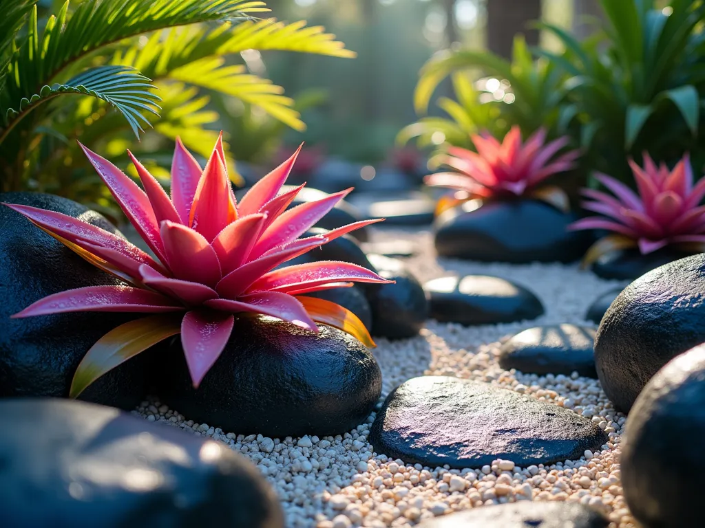 Tropical Bromeliad Rock Garden Display - Close-up shot of vibrant, jewel-toned bromeliads nestled among glossy black volcanic rocks in a Florida garden setting. The bromeliads feature rich pinks, purples, and oranges, creating a striking contrast against the dark stones. Early morning sunlight filters through palm fronds overhead, casting dappled shadows and highlighting water droplets on the bromeliad leaves. The rocks are artfully arranged in varying sizes, with smaller specimens surrounding larger anchor stones. Tropical ferns provide a soft green backdrop, while white crushed coral paths wind between the rock formations. Photorealistic, high detail, magical tropical atmosphere.