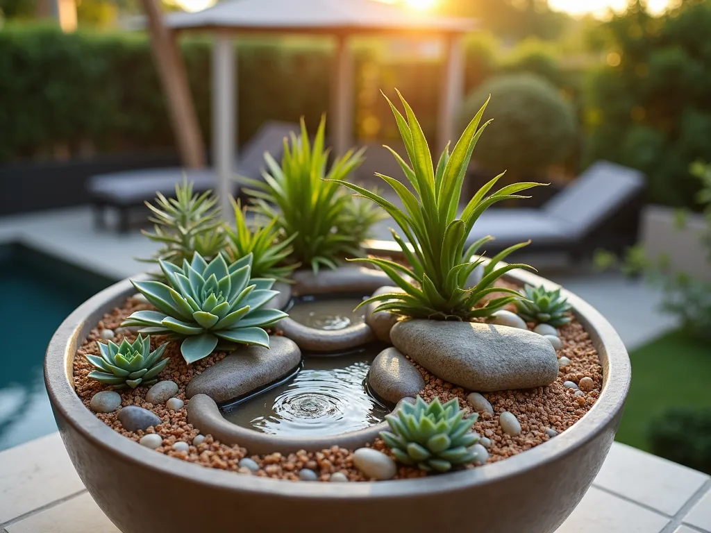 Tropical Container Rock Garden at Sunset - A close-up perspective of an elegant large ceramic container garden on a modern patio, featuring a miniature tropical rock garden. The container showcases small smooth river rocks and crushed coral arranged in graceful patterns around tiny succulents, dwarf palm varieties, and miniature bromeliads. Small water features create gentle cascades over strategically placed rocks, while air plants nestle between stone crevices. The warm golden sunset light casts long shadows across the arrangement, highlighting the textural contrast between the polished stones and delicate foliage. Shot with shallow depth of field focusing on the intricate plant and rock details, with a softly blurred modern patio setting in the background. Professional photography, dramatic lighting, high resolution, 16-35mm lens, f/2.8, ISO 400.