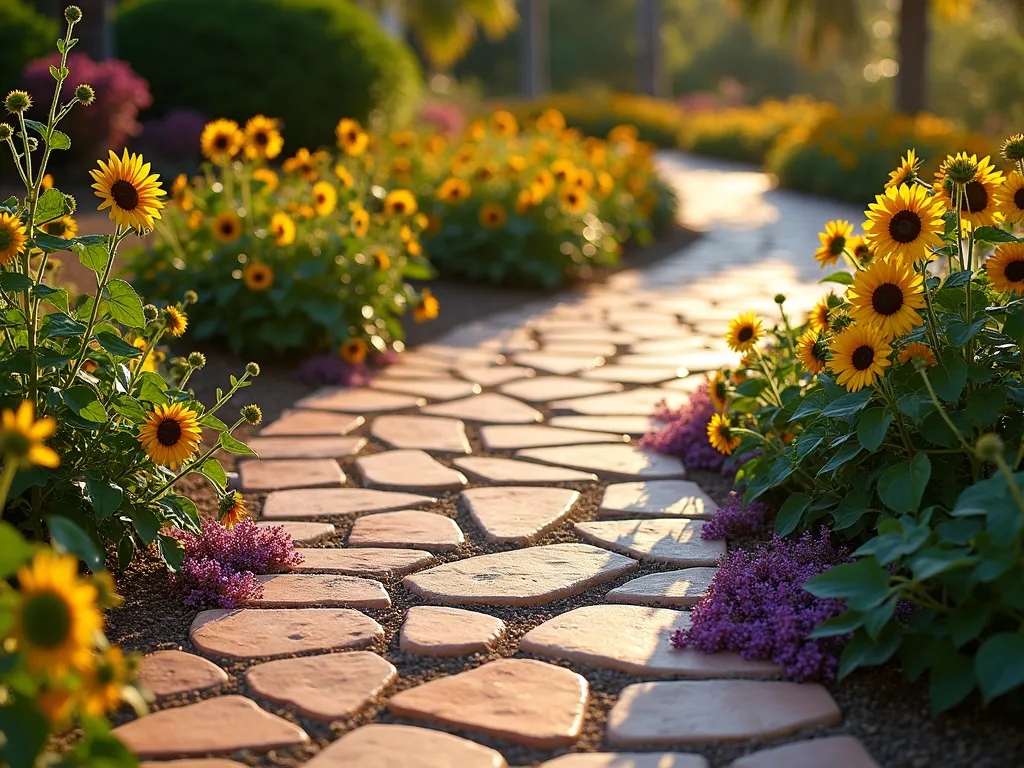 Tropical Coral Stone Garden Path - A winding garden pathway made of natural Florida coral stone pieces in varying sizes and warm peachy-pink tones, photographed during golden hour. Native beach sunflowers with bright yellow blooms and trailing purple railroad vine weave naturally between the stones. The path curves through a lush tropical garden setting with palm shadows casting dramatic patterns. Shot from a low angle to emphasize texture and depth, with soft evening light highlighting the coral stones' natural patterns. Captured with pristine clarity showing the intricate details of the stone surfaces and delicate flowers. 8K, ultra-detailed, DSLR photography, f/8, natural lighting.