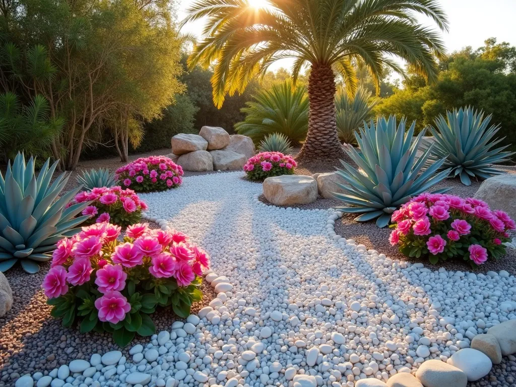 Tropical Desert Rose Rock Garden Oasis - A stunning Florida rock garden featuring elegant desert rose (Adenium obesum) specimens with pink blooms rising dramatically from a sea of pristine white river rocks and crushed shells, photographed during golden hour. Blue-green agave plants provide architectural elements while a small royal palm creates vertical drama. The garden is artfully arranged in sweeping curves, with varying heights creating visual depth. Natural sunlight filters through the palm fronds, casting gentle shadows across the textured rock surface. Shot with a wide-angle lens to capture the complete garden composition while maintaining intimate detail of the desert rose blooms. The background shows a subtle fade into a tropical Florida landscape, with the rocks creating natural pathways through the garden. High-end professional photography with perfect exposure captures the vivid colors and textures.