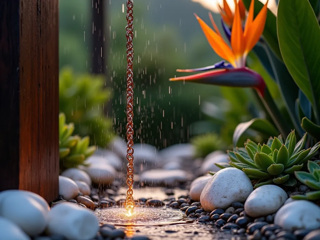 Tropical Rain Chain with Rock Garden - Close-up shot at dusk of a copper rain chain cascading with water during a light tropical rain, surrounded by a graduated arrangement of smooth river rocks, white coral rocks, and small pebbles. Water droplets catch the warm evening light, creating a gentle shimmer effect. Tropical foliage including bird of paradise and ti plants frame the background, while small succulent plants nestle between the rocks at the base. The chain hangs from a dark wood pergola corner, with soft landscape lighting illuminating the water's path through the rocks below.