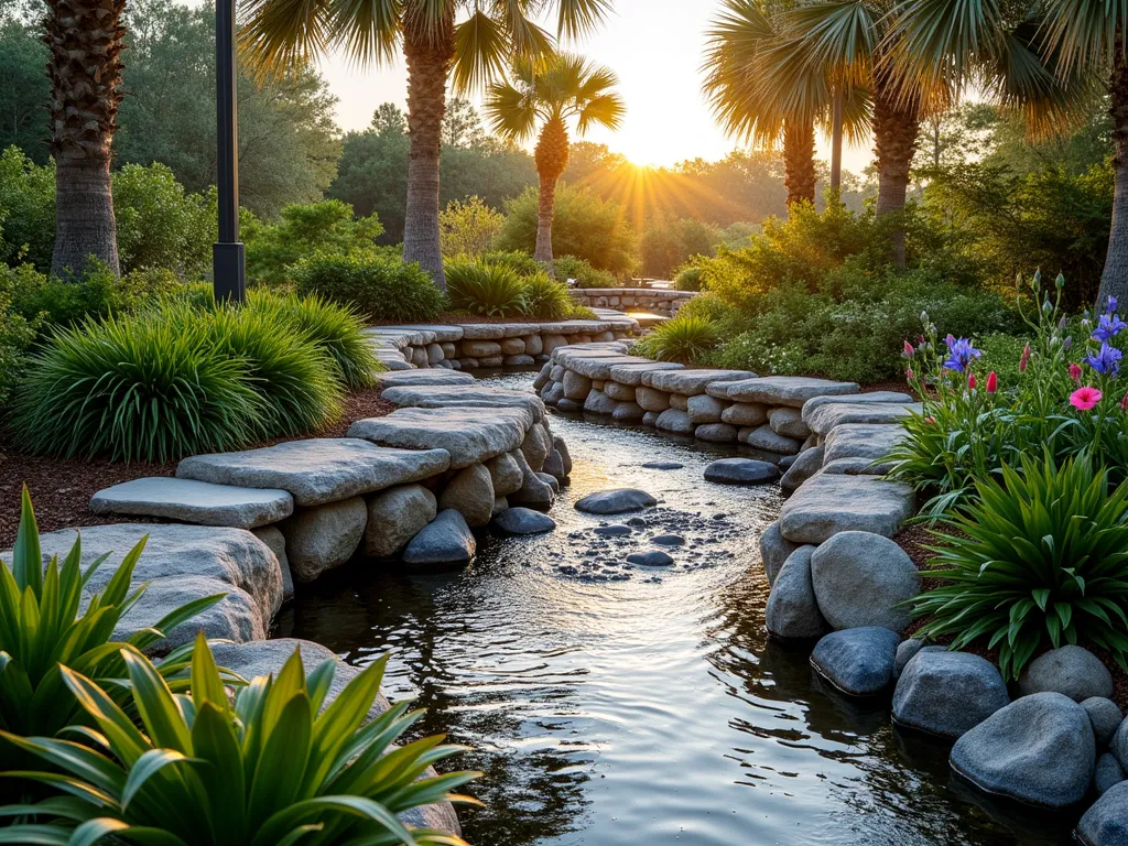 Tropical Rain Garden Rock Basin - A DSLR wide-angle photograph of a professionally landscaped Florida rain garden at golden hour, featuring a naturally curved rock basin with graduated stones from large boulders to small river rocks. The basin is adorned with lush native Florida plants including Muhly grass, Blue Flag Iris, and Swamp Hibiscus creating layers of texture and color. Smooth river rocks line the bottom of the shallow basin, which gracefully captures rainwater runoff. Palm trees cast long shadows across the scene, while tropical ferns and cordyline add vertical interest. The composition shows the basin seamlessly integrated into the landscape, with a gentle slope directing water flow. Natural stone steps provide access around the garden, with occasional spots of morning dew glistening on the rocks. Shot at f/8 for optimal depth of field, capturing the intricate details of both the rock formations and plant life.