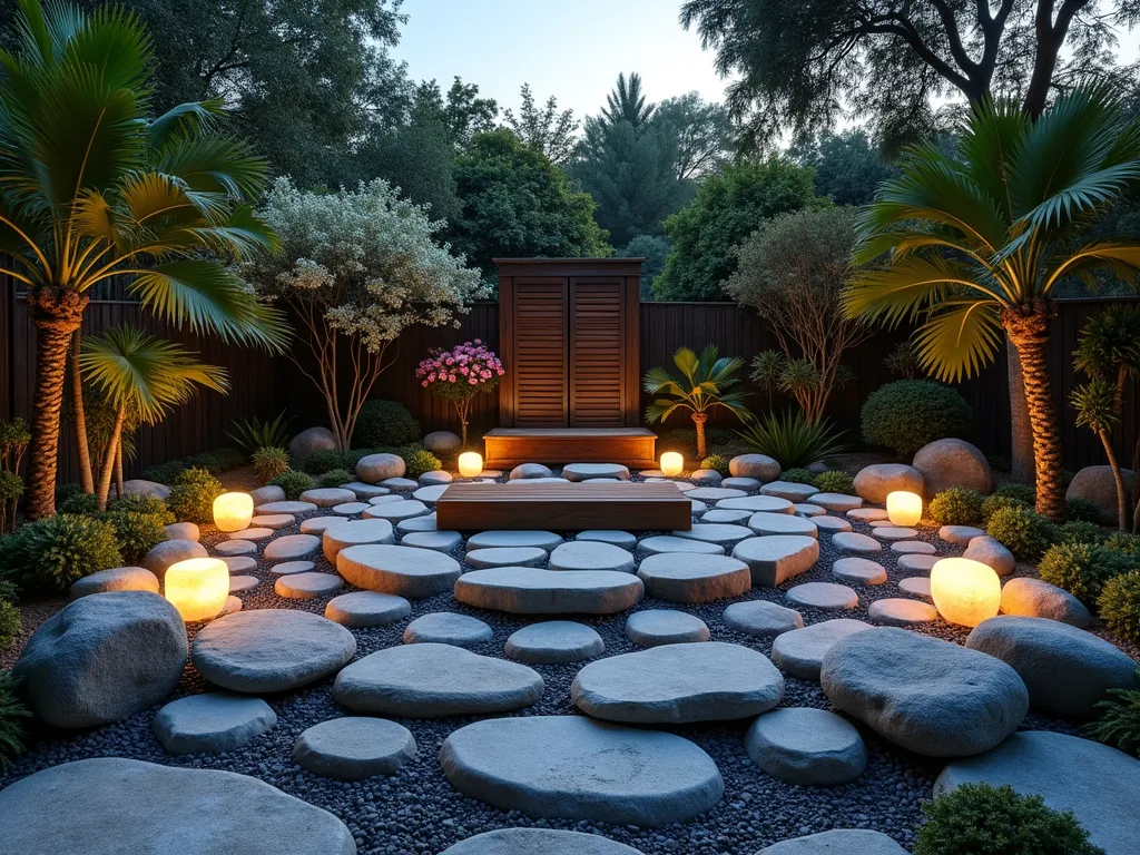 Tropical Rock Meditation Circle at Dusk - A serene wide-angle shot of a circular rock garden meditation space at dusk, featuring smooth river rocks arranged in concentric circles. The rocks gradually elevate towards a central teak meditation bench. Surrounding the circle are flowering jasmine, dwarf royal palms, and fragrant plumeria creating a natural privacy screen. Soft landscape lighting illuminates the pathways between rocks, while crystal quartz specimens catch the golden hour light. Thai ceramic lanterns provide ambient lighting, and small water features create gentle sounds. The space is accented with silver-blue dichondra ground cover growing between rocks, creating a mystical tropical atmosphere.