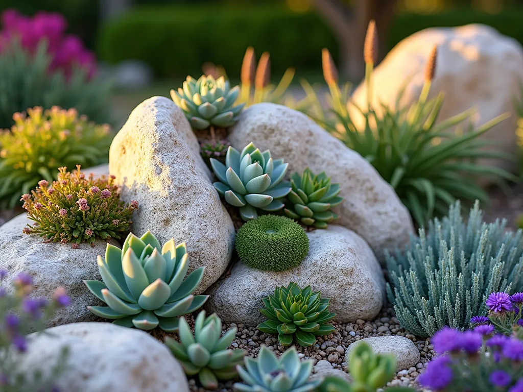 Tropical Rock Pocket Garden with Succulents - Close-up shot of a naturally arranged Florida rock garden at golden hour, featuring weathered limestone boulders with organic pockets filled with vibrant succulents and native ground covers. Various echeveria, sempervivum, and sedum varieties cascade from the crevices between sun-bleached rocks, while purple lantana and silver buttonwood spread along the ground. Soft evening light casts gentle shadows across the textured rock surfaces, highlighting the intricate placement of drought-resistant plants. Small patches of blue porterweed and beach sunflower peek through the gaps, creating a harmonious blend of natural elements in a residential garden setting.