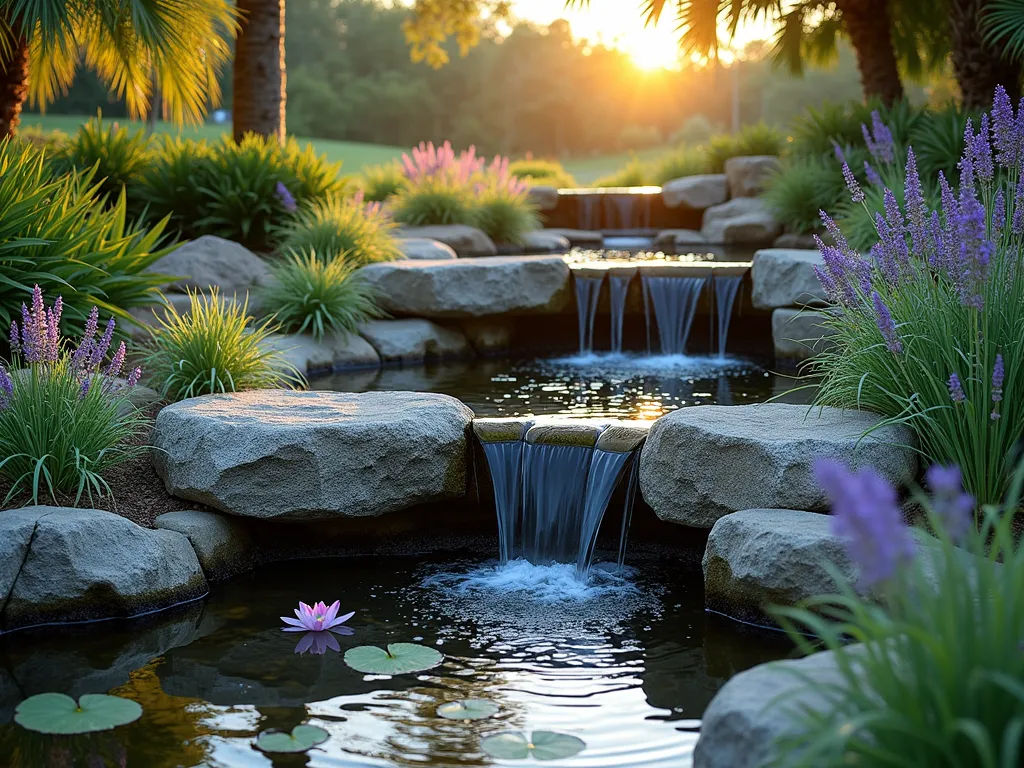 Tropical Rock Pool Cascade at Sunset - A professionally photographed, serene Florida garden featuring a multi-tiered natural rock pool cascade at golden hour. Crystal-clear water flows gently between three interconnected pools carved from limestone, creating peaceful waterfalls. Native aquatic plants like pickerelweed and water lilies float in the pools, while purple muhly grass and blue-green dwarf palmetto provide lush ground cover around the rocks. Dramatic side lighting casts long shadows across the textured rocks, with water droplets catching the warm sunset light. The wide-angle composition shows the complete waterfall system nestled within a tropical landscape, with a royal palm creating a dramatic backdrop. Shot with a DSLR at f/8, capturing the intricate details of water movement and plant textures while maintaining sharp focus throughout the scene.