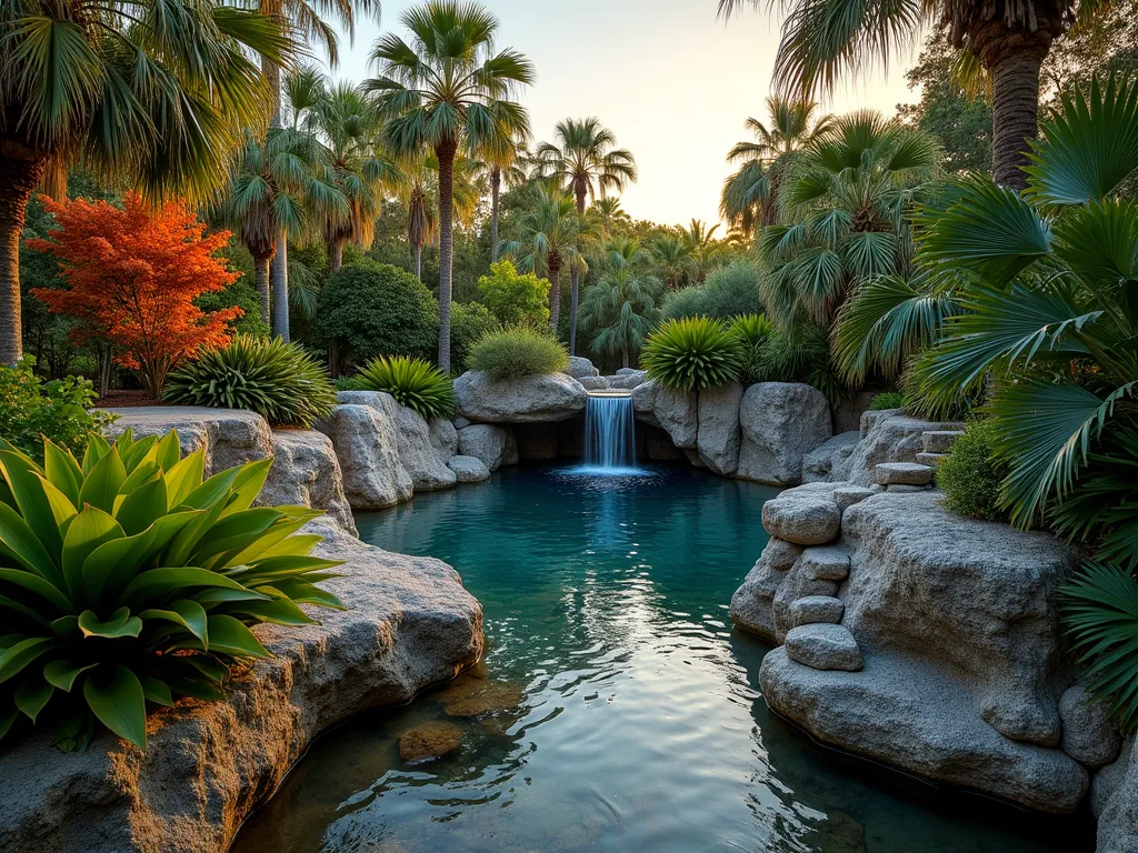 Serene Florida Rock Pool Garden - A stunning wide-angle twilight photograph of a tropical rock garden oasis featuring a naturally-shaped pond surrounded by weathered limestone boulders. Crystal-clear water reflects the golden sunset sky, while native Florida plants create layers of lush greenery. Large Bismarck palms and Royal palms tower in the background, while bird's nest ferns and silver saw palmetto create mid-height interest. Clusters of colorful bromeliads in orange and red nestle between the rocks, their leaves catching the warm evening light. A small waterfall trickles between artfully arranged boulders, creating gentle ripples in the pond. Natural stepping stones wind through the garden, and native butterfly orchids cling to the rock faces. Shot with a 16-35mm lens at f/2.8, capturing the rich depth and dimension of the scene with subtle motion blur in the falling water.