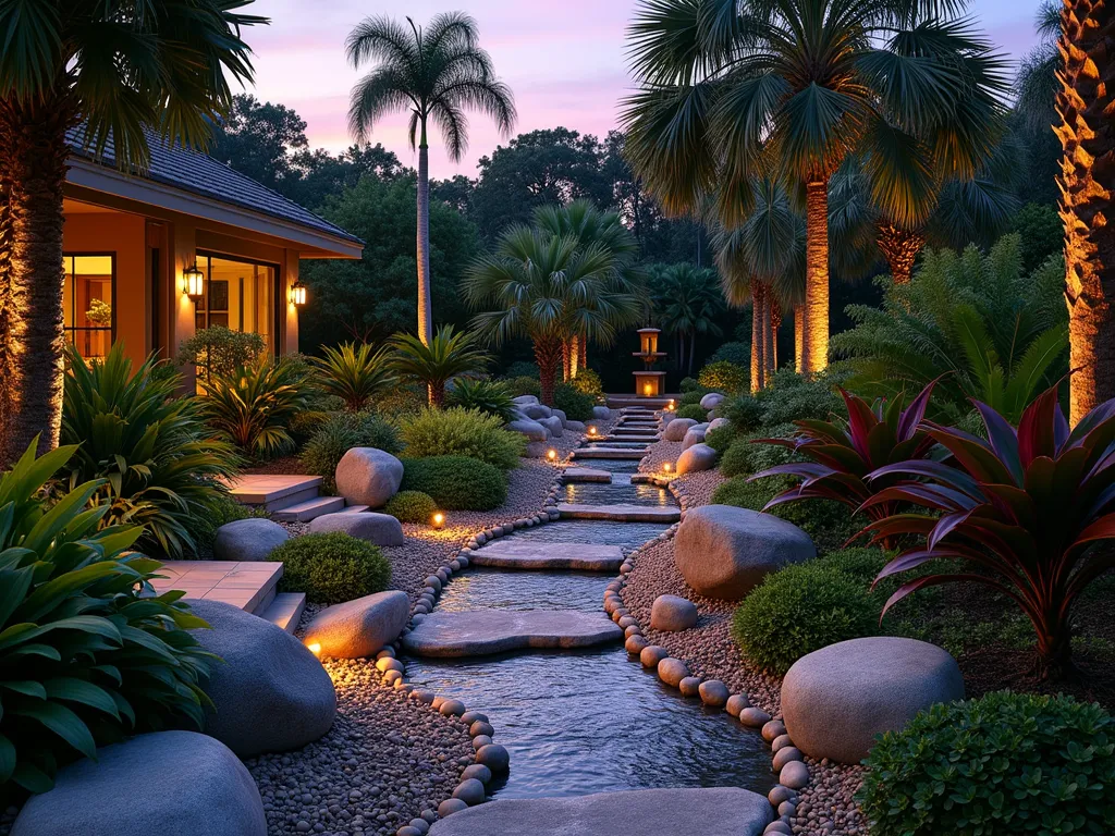 Tropical Rock Stream Garden - A serene twilight scene of a winding dry stream bed in a Florida garden, photographed with a wide-angle lens at f/2.8. Smooth river rocks and polished pebbles in varying shades of gray and tan create a natural-looking watercourse, bordered by lush tropical foliage. Tall bird of paradise plants and red ti plants provide dramatic height, while colorful bromeliads and fresh green ferns cascade over the stream's edges. Strategic landscape lighting casts soft shadows across the rocks, creating a magical water-like shimmer. Palm trees frame the background, their fronds gently silhouetted against the dusky purple sky. The stream curves gracefully through the garden, leading to a small meditation area with a decorative bamboo water feature.