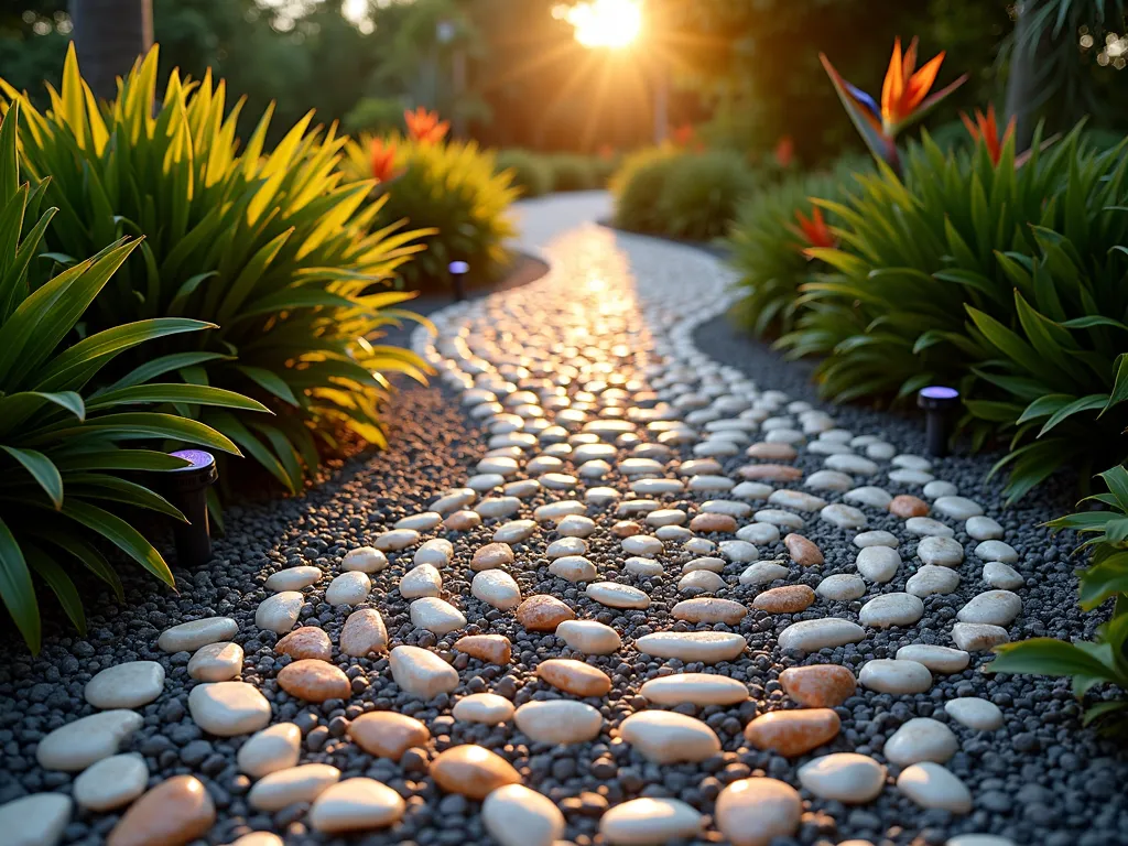 Tropical Shell and Rock Mosaic Garden Path - A professional DSLR photo capturing a winding garden path at golden hour, featuring an intricate mosaic pattern made from white seashells, coral-colored river rocks, and smooth black pebbles arranged in spiral patterns. The path is flanked by tropical foliage including bird of paradise and palm fronds, creating dramatic shadows across the mosaic. Low-angle perspective emphasizes the detailed craftsmanship of the shell-rock design, while soft evening light highlights the varying textures and natural colors. Small solar lights illuminate the edges of the path, creating a magical tropical atmosphere. Shot with a wide-angle lens at f/8, capturing the rich details of both the mosaic work and surrounding landscape.