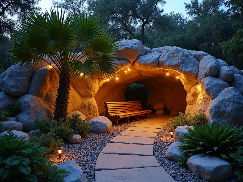 Twilight Palm Rock Grotto Retreat - A magical twilight scene of an intimate Florida rock garden grotto, featuring weathered limestone boulders artfully arranged in a curved formation. Dwarf Palmetto palms emerge naturally between the rocks, creating a lush canopy. Soft landscape lighting illuminates the rocks from below, casting ethereal shadows. A cozy teak wood bench nestles against the rock formation, surrounded by small river rocks and scattered tropical ferns. Warm LED string lights draped overhead create a enchanting atmosphere, while small copper path lights guide the way. The scene is captured from a medium-wide angle, emphasizing the grotto's intimate scale and natural sanctuary feel. The evening lighting highlights the textural details of the rocks and palm fronds.