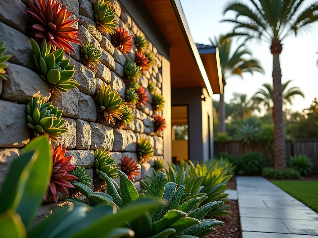 Vertical Succulent Rock Wall in Tropical Garden - A stunning vertical rock garden wall photographed during golden hour, featuring stacked limestone blocks creating natural pockets filled with colorful drought-resistant succulents like Echeveria, Sedum, and Haworthia. The wall rises 6 feet tall against a modern Florida home's exterior, with cascading succulents creating a living tapestry. Captured with a 16-35mm lens at f/2.8, the composition shows intricate plant details while small water droplets glisten on the succulents from a recent rain. Natural light casts dramatic shadows across the textured limestone surface, highlighting the dimensional quality of the installation. The foreground features tropical foliage, while palm trees are softly blurred in the background, creating depth. Photographic style: architectural garden photography with dramatic lighting and rich detail.