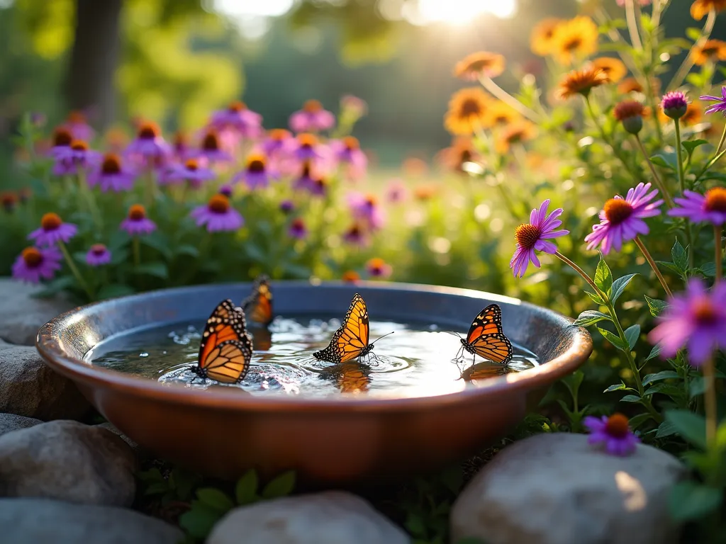 Enchanting Butterfly Water Station Garden Feature - A serene close-up shot of a decorative copper basin nestled among vibrant butterfly-attracting flowers in a sunlit garden. The shallow basin contains smooth river rocks and crystal-clear water, with several butterflies hovering around. Purple coneflowers, lantana, and butterfly bush create a colorful backdrop, their petals catching the warm late afternoon light. Dappled sunlight filters through nearby foliage, creating a magical atmosphere. The water's surface reflects the sky and surrounding blooms, while small water droplets glisten on the rocks. Shot with a DSLR camera, the composition captures the intimate details of this peaceful garden sanctuary, with a soft bokeh effect in the background enhancing the dreamy aesthetic.