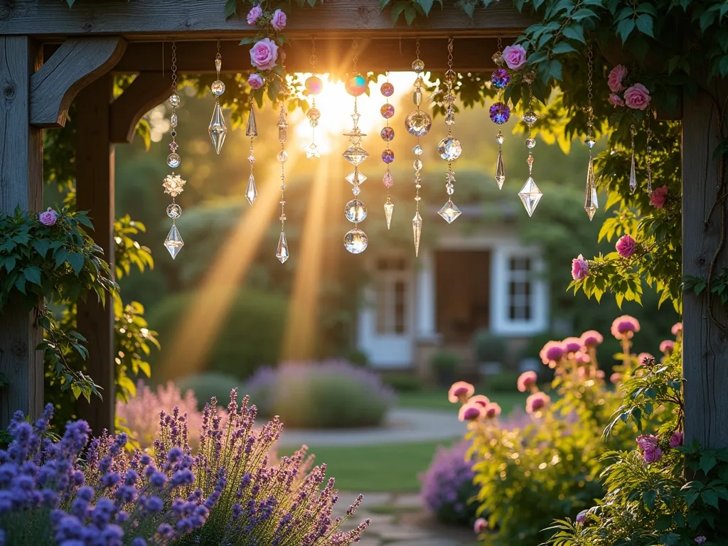 Garden Crystal Prisms at Golden Hour - A serene garden scene at golden hour, photographed with a 16-35mm lens at f/2.8, ISO 400. Multiple crystal prisms and sun catchers hang elegantly from a weathered pergola covered in climbing roses and wisteria. The low evening sun streams through the crystals, casting magical rainbow patterns across a lush flower garden below. In the foreground, patches of lavender and purple coneflowers sway gently, while the scattered light creates a dreamy, ethereal atmosphere. The crystals range from simple prisms to elaborate Victorian-style designs, creating a enchanting dance of light and color throughout the space. The background shows a cozy garden seating area partially illuminated by the rainbow reflections.