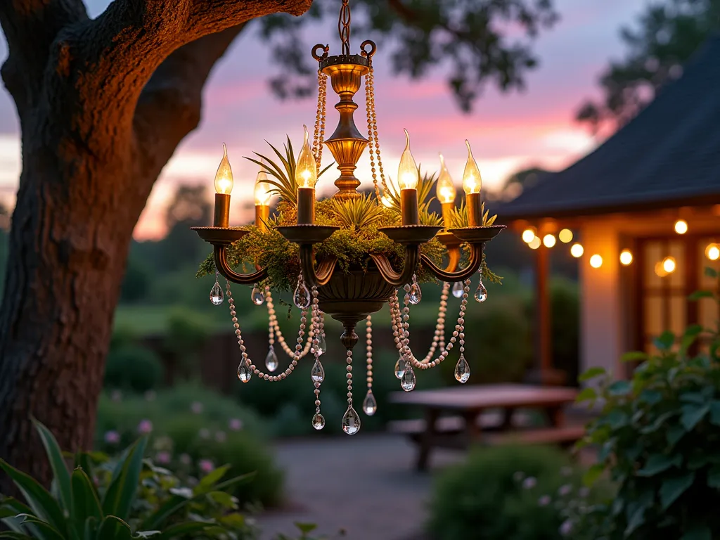 Enchanted Garden Chandelier at Dusk - A magical twilight garden scene captured with a DSLR wide-angle lens, featuring an ornate vintage brass chandelier suspended from a weathered oak tree branch. The chandelier has been transformed into a living garden piece, with cascading string of pearls, air plants, and miniature succulents nestled in moss-lined metal cups where light fixtures once were. Delicate solar-powered fairy lights intertwine with the plants, creating a warm ethereal glow against the dusky purple sky. The chandelier hangs above a rustic garden seating area, with climbing roses and wisteria visible in the soft-focused background. The composition captures the interplay of golden light and botanical elements, shot at f/8 for optimal depth, showcasing dew drops on the succulent leaves catching the last rays of sunset.