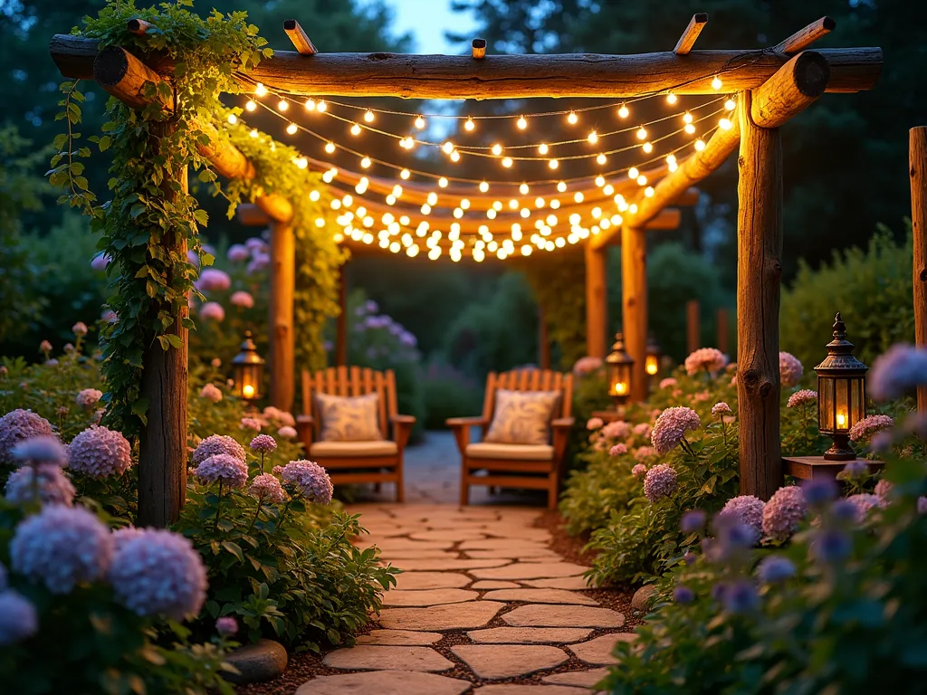 Enchanted Garden Fairy Light Canopy at Dusk - A breathtaking twilight garden scene captured with a wide-angle lens, showing a lush flower garden illuminated by a magical canopy of warm white solar-powered fairy lights strung between vintage wooden posts. The lights create a ethereal ceiling effect, casting a gentle golden glow over blooming hydrangeas, roses, and lavender below. Stone pathways wind through the garden, while the fairy lights reflect off dewy petals and create stunning bokeh effects in the background. The composition includes a cozy seating area with weathered wooden furniture, surrounded by copper lanterns and climbing ivy on the posts. Photographed during the blue hour with long exposure settings to capture both the ambient light and the twinkling effect of the fairy lights. Shot with a 16-35mm lens at f/2.8, ISO 400, creating a dreamy depth of field and capturing the magical atmosphere of the garden at dusk.