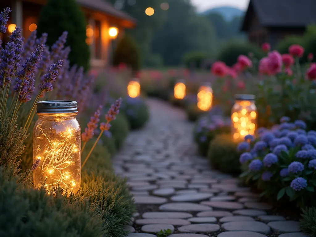 Enchanted Mason Jar Garden Path at Twilight - A dreamy twilight garden scene captured with a wide-angle lens, showing a winding cobblestone path illuminated by glowing mason jars filled with warm fairy lights. The path is lined with blooming lavender and moonflowers, their silvery foliage catching the soft light. The mason jars are artfully arranged at varying heights on vintage-style shepherd's hooks, creating depth and visual interest. The background features a charming cottage garden with roses and hydrangeas softly fading into bokeh. The golden hour lighting creates a magical atmosphere, with fireflies dancing between the illuminated jars. Sharp focus on the nearest mason jar shows intricate light patterns, while the path curves beautifully into the distance. Shot at f/2.8 for dreamy background blur, ISO 400 for optimal twilight exposure. Photorealistic, cinematic quality.