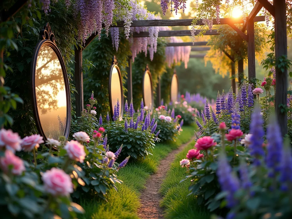 Enchanted Mirror Garden at Twilight - A serene twilight garden scene captured with a wide-angle lens, featuring ornate weathered bronze mirrors elegantly placed among blooming English roses, lavender, and foxgloves. The mirrors reflect the golden hour light, creating a mesmerizing double garden effect that extends into infinity. Vintage-style antiqued mirrors of varying sizes are nestled between climbing roses on weathered trellises, with soft purple wisteria draping overhead. The mirrors capture the garden's reflection against a backdrop of deep green foliage, while strategic uplighting creates a magical atmosphere. The composition shows a curved garden path leading through the mirrored display, with some mirrors partially hidden behind clusters of delphinium and hollyhocks. Shot with shallow depth of field to create a dreamy, enchanted garden atmosphere, with the mirrors catching the last rays of sunset. Photographic style: professional DSLR, high-end garden photography, magical realism, soft natural lighting.