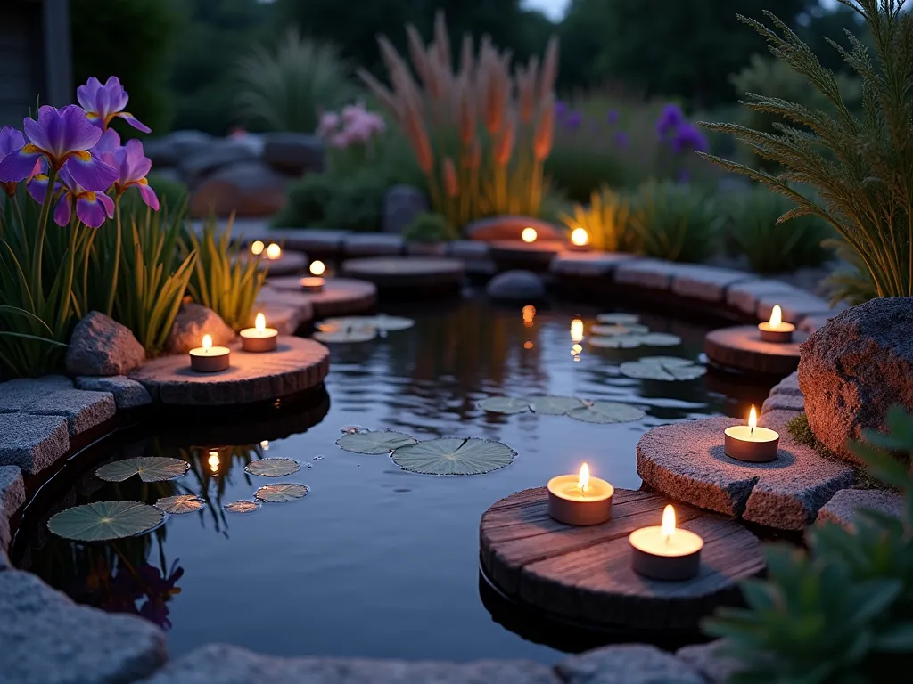 Enchanted Tea Light Water Garden at Dusk - A serene twilight garden scene featuring a circular stone-edged pond with floating wooden platforms holding glowing tea lights, creating magical reflections on the still water surface. Japanese iris, water lilies, and papyrus plants frame the pond's edge, while ornamental grasses sway gently in the background. The scene is captured from a 45-degree elevated angle, showcasing the entire water feature and surrounding garden. Soft ambient lighting from the setting sun casts purple and orange hues across the scene, while the tea lights create warm, golden reflections in the dark water. Professional DSLR photograph with perfect exposure and crisp details, f/8, ISO 100, 1/125 sec.