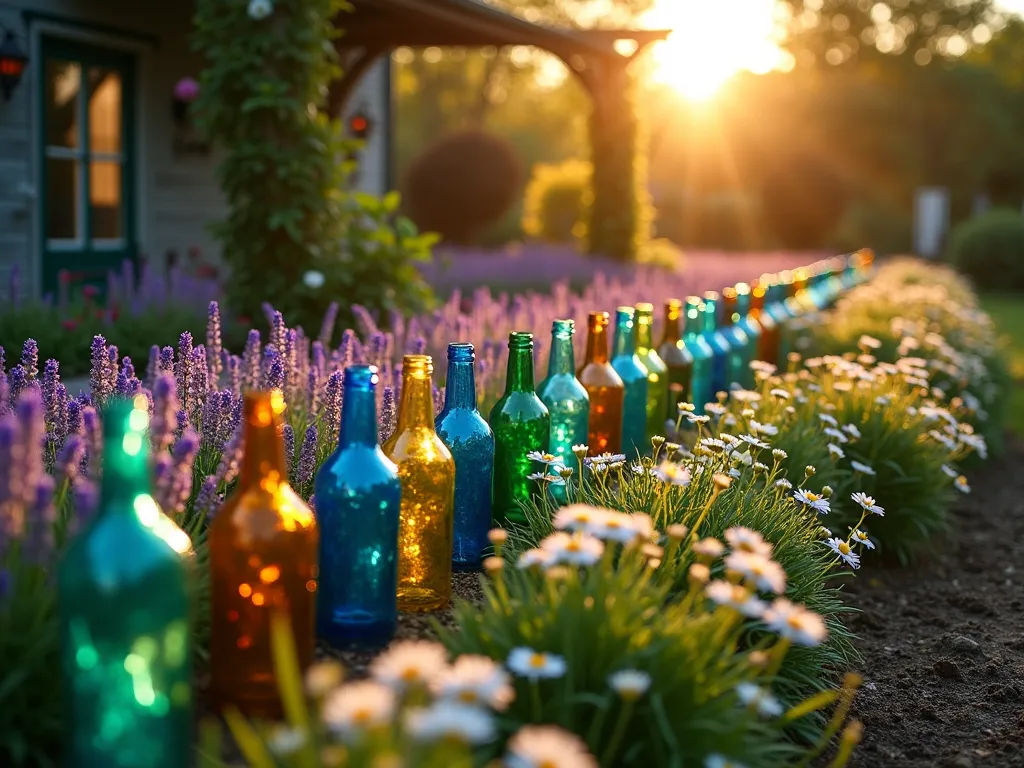 Enchanting Glass Bottle Garden Border at Sunset - A magical garden scene at golden hour, featuring a curved flower bed border created with cobalt blue, emerald green, and amber glass bottles partially buried neck-down. The setting sun's rays illuminate the bottles, casting ethereal colored shadows and light patterns across a lush garden filled with lavender, purple salvia, and white daisies. The bottles create a stunning luminescent border effect, photographed from a low angle to capture the interplay of light through the glass. The background shows a cozy cottage garden setting with climbing roses on a weathered wooden arch. Shot with shallow depth of field focusing on the glowing bottles, with soft bokeh effects on the flowers. The natural golden lighting enhances the vintage, whimsical atmosphere of this sustainable garden decoration.