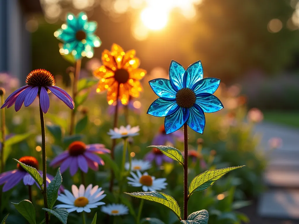 Glowing Glass Garden Stakes at Sunset - A close-up perspective of an enchanting flower garden at golden hour, featuring handcrafted glass flower stakes made from cobalt blue, amber, and emerald recycled bottles. The stakes are artfully arranged among blooming purple coneflowers and white daisies, with the setting sun casting magical light through the colored glass, creating prismatic patterns on the surrounding foliage. The glass pieces are mounted on sleek copper rods at varying heights, adding vertical interest to the garden bed. Shot with shallow depth of field focusing on a particularly striking blue glass stake, with soft bokeh effects on the background flowers and warm sunset light. The composition shows a natural garden setting with a rustic stone path visible in the background, and dewdrops on the surrounding plants adding sparkle to the scene.