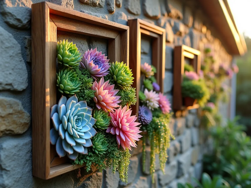 Living Picture Frame Garden Wall - A close-up shot of an elegant weathered stone garden wall at golden hour, featuring three mounted wooden picture frames transformed into vertical gardens. The largest frame showcases a stunning arrangement of colorful echeveria succulents in pink and teal hues, while smaller frames contain delicate purple sempervivums and trailing string of pearls. Soft evening sunlight casts gentle shadows, highlighting the dimensional texture of the living artwork. Shot with shallow depth of field focusing on the intricate plant details, with a blurred cottage garden backdrop. Professional DSLR photo with pristine clarity, f/8 aperture, natural lighting enhancing the organic textures.