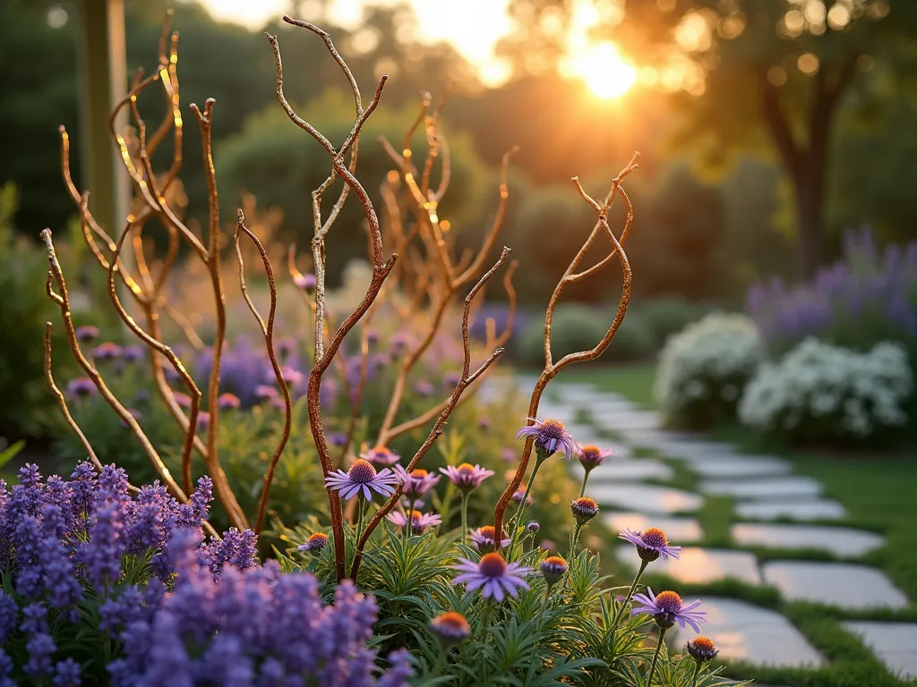 Artistic Metallic Branch Garden Display - A close-up shot of an enchanting garden scene at golden hour, featuring elegant painted branches in copper, gold, and silver metallic finishes arranged artistically among blooming purple salvias and white echinacea. The branches, varying in height from 3-5 feet, create a sculptural installation effect with their twisted forms catching the warm sunset light. Some branches are positioned at dramatic angles, while others curve gracefully, creating depth and visual interest. The setting shows a well-maintained perennial garden bed with a natural stone pathway visible in the background, and soft bokeh effect highlighting the artistic branch installation.